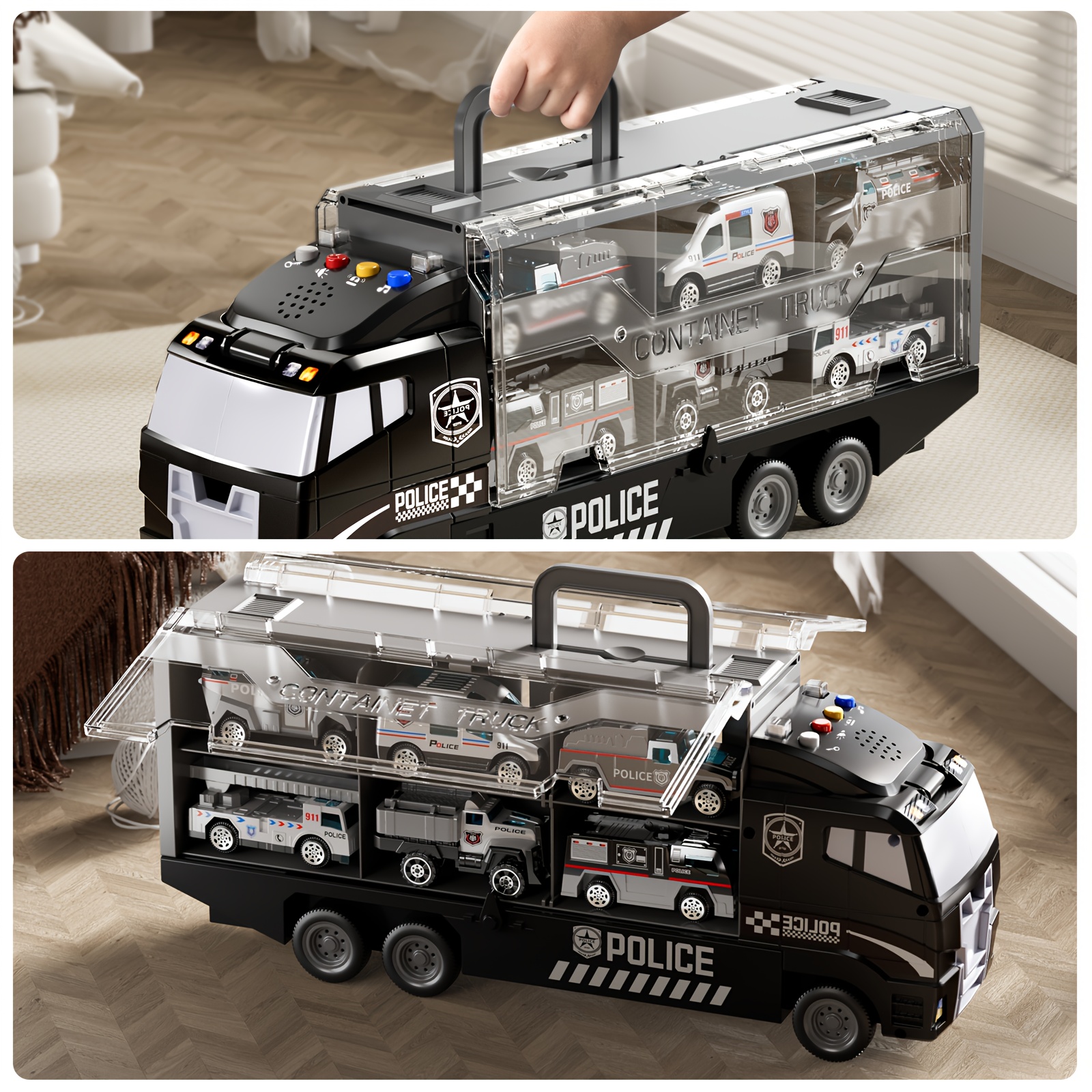 TEMI Police Car Toy Set, Carrier Truck Toys for Kids, Die-Cast Metal Toy Car Set, Truck Car Kids Toys Christmas Birthday Gift for Children Ages 3+ (Accessory Colors May Vary)