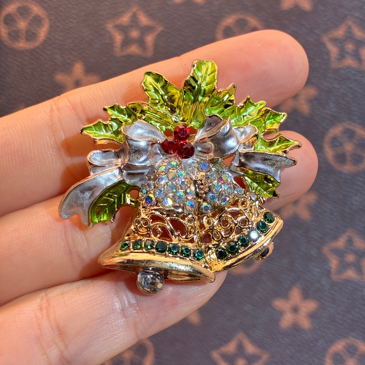 Sparkly Green Christmas Bell Brooch, Retro Pin