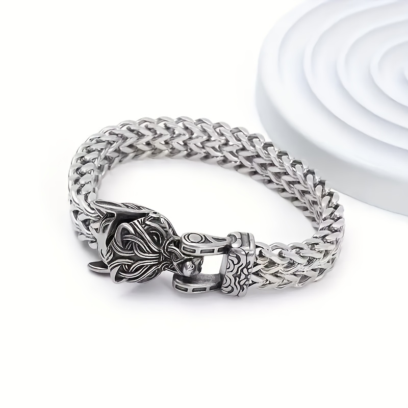 Image of New High-quality 's Wolf Bracelet, 316l Stainless Steel Mesh Chain, Can Open Wolf Mouth, Punk Bracelet, Motorcycle Jewelry