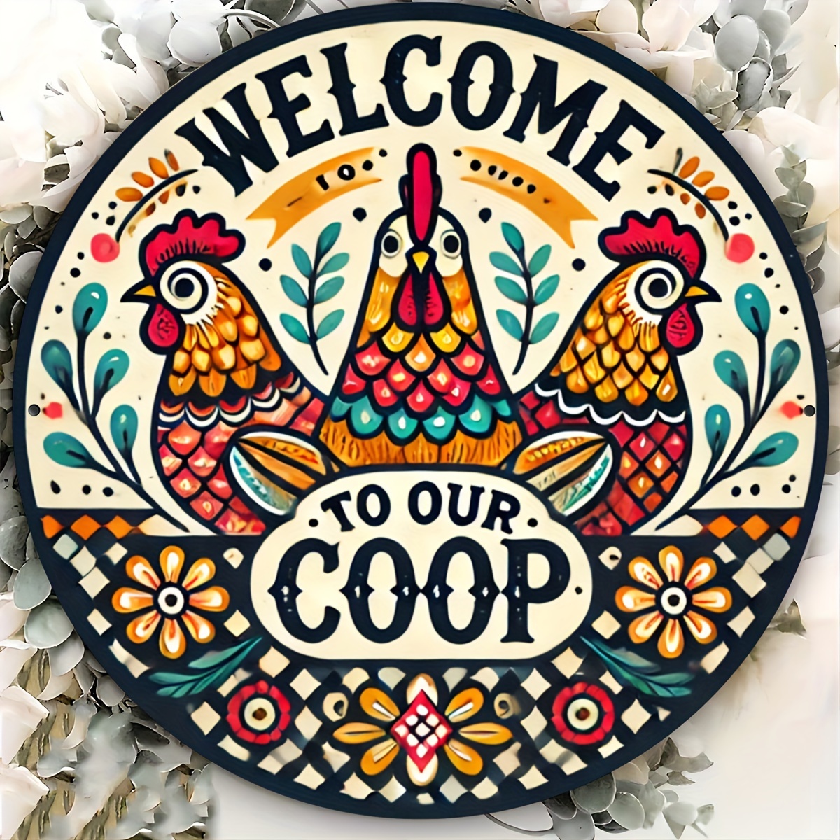 

Welcome To Our Chicken Coop" Vintage-inspired Metal Sign - 8" Round, Colorful Rooster Design, Waterproof Tin Wall Decor For Indoor & Outdoor Use