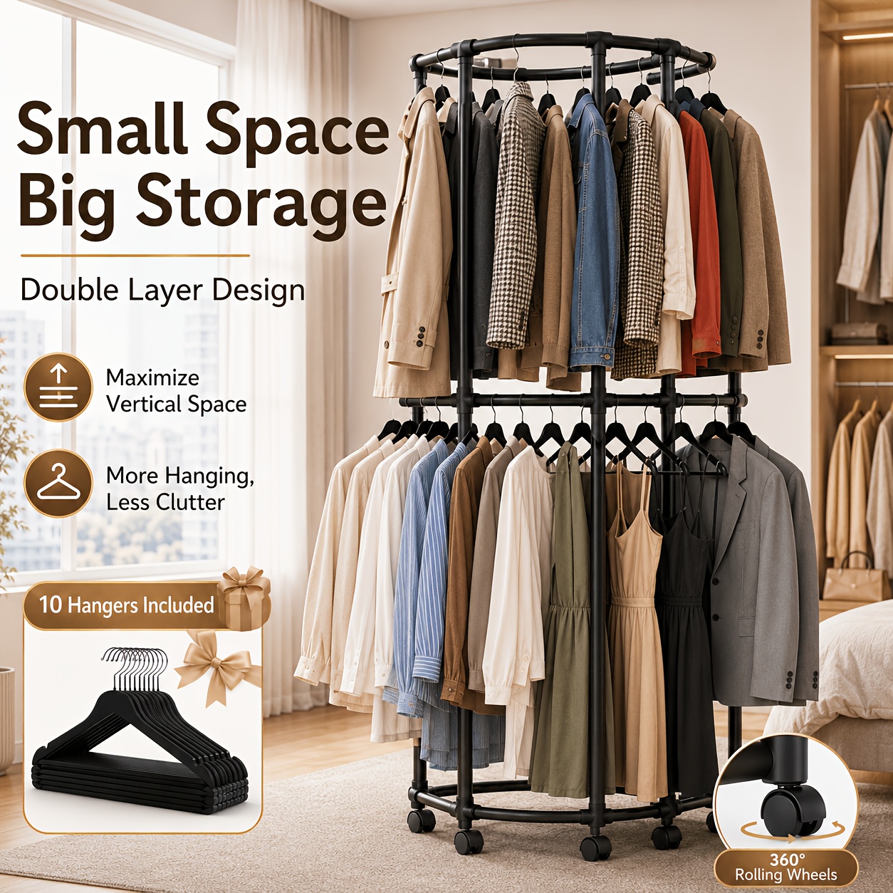 TEMU 2 Layers Clothes Rack With 10 Free Hangers, Hexagonal Rotating Garment Rack With Wheels, Large Capacity Closet Organizer, Heavy Duty Metal