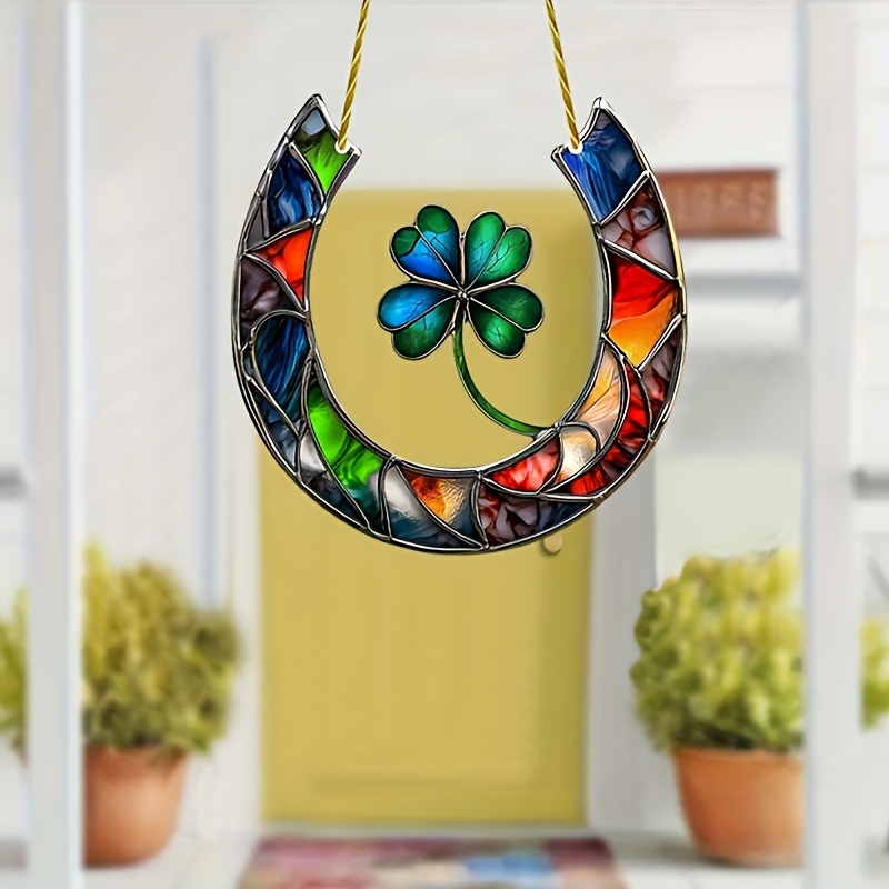 

1pc Horseshoe & Clover Acrylic Suncatcher, 's Day Wall Hanging Decor, Pvc Material, Ideal For Living Room, Bedroom, Office - Perfect Birthday Gift For Best Friend