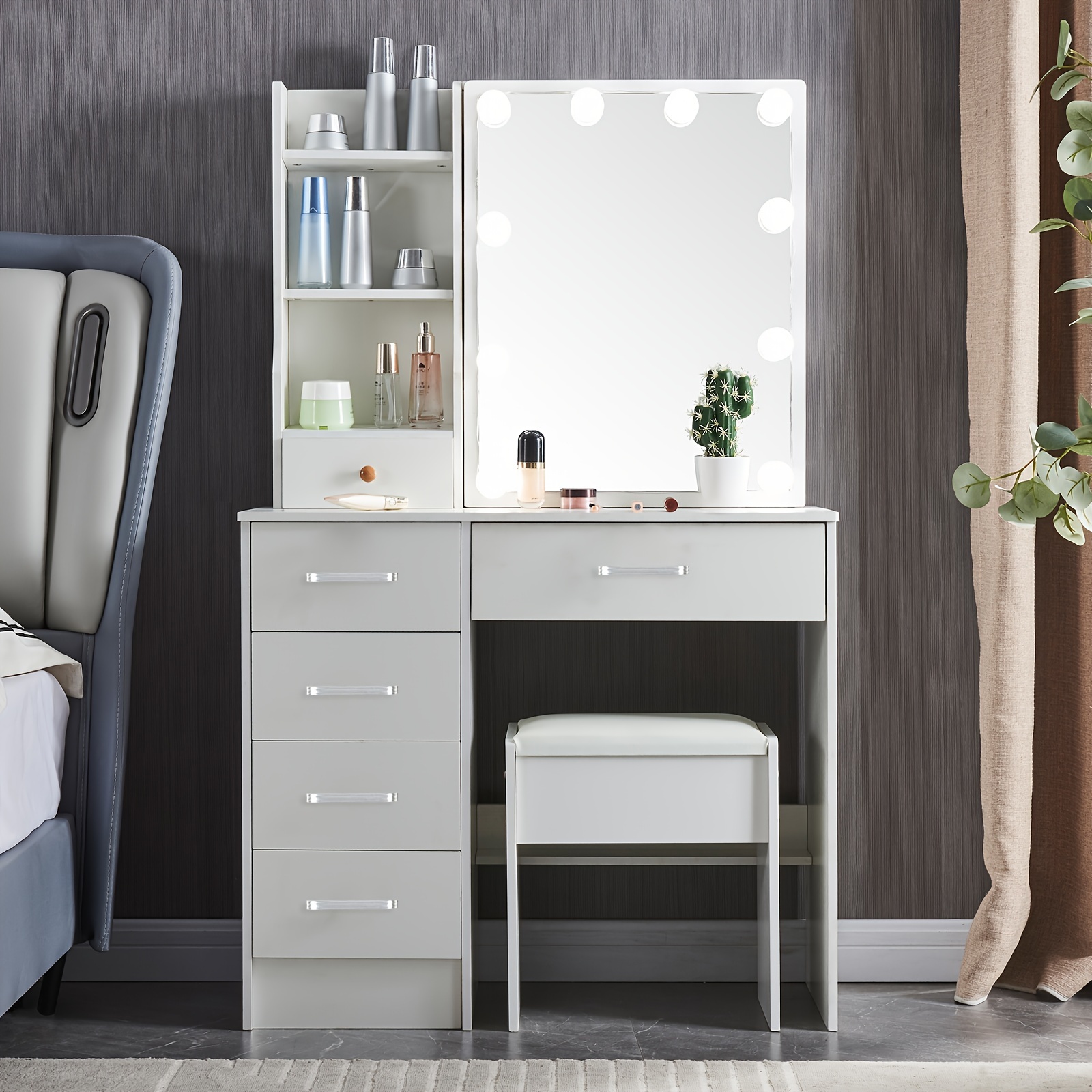 three adjustable led lights, a gift for women, a birthday present, a white makeup vanity featuring a and dimmable light, a makeup vanity accompanied chair and a storage drawer for , along with a stool | Shop On Temu And Start Saving | Temu United Kingdom