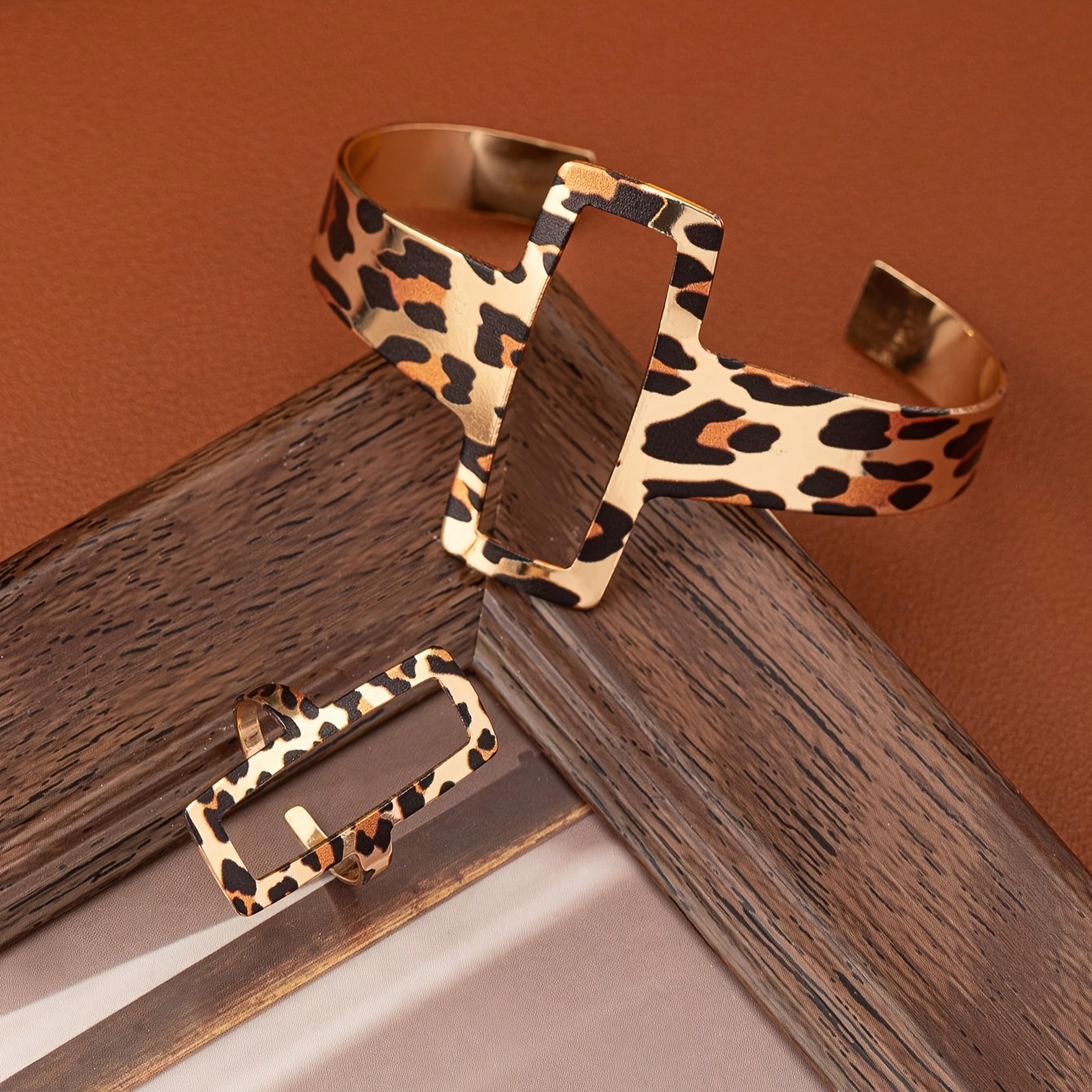 Boho Leopard Print Jewelry Set - Open Bangle & Ring
