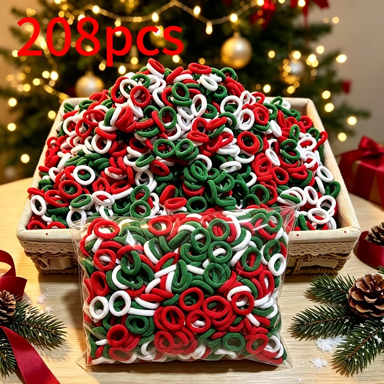 TEMU 208pcs Christmas Festive Atmosphere New Year Red White Hair Ties High Elasticity Non-damaging Hair Towel Rings Hair Ropes Scrunchies Braiding