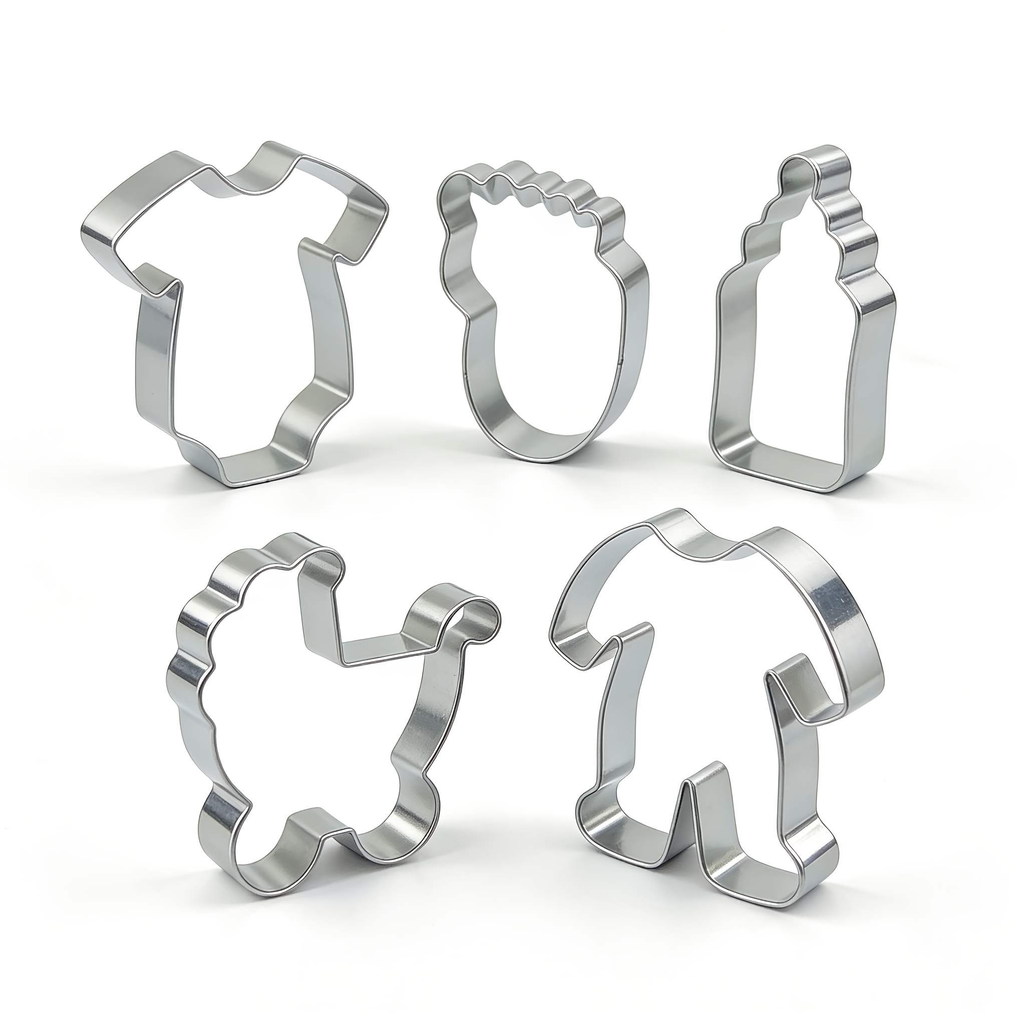 TEMU 5pcs, 5 Different Shaped Cookie Cutters Made Of Stainless Steel Mold, Including: A Trolley, Baby Bottle, Baby Clothes, Bodysuit, And Baby Feet.