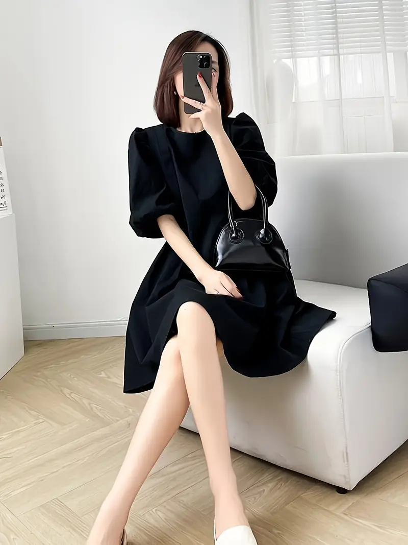 knee length black summer dress Jggspwm Women Summer Casual Dress Boho V Neck Puff Short Sleeves Smocked Waist Chiffon Knee Length Swing Dresses Black L, Women's, Size: Large