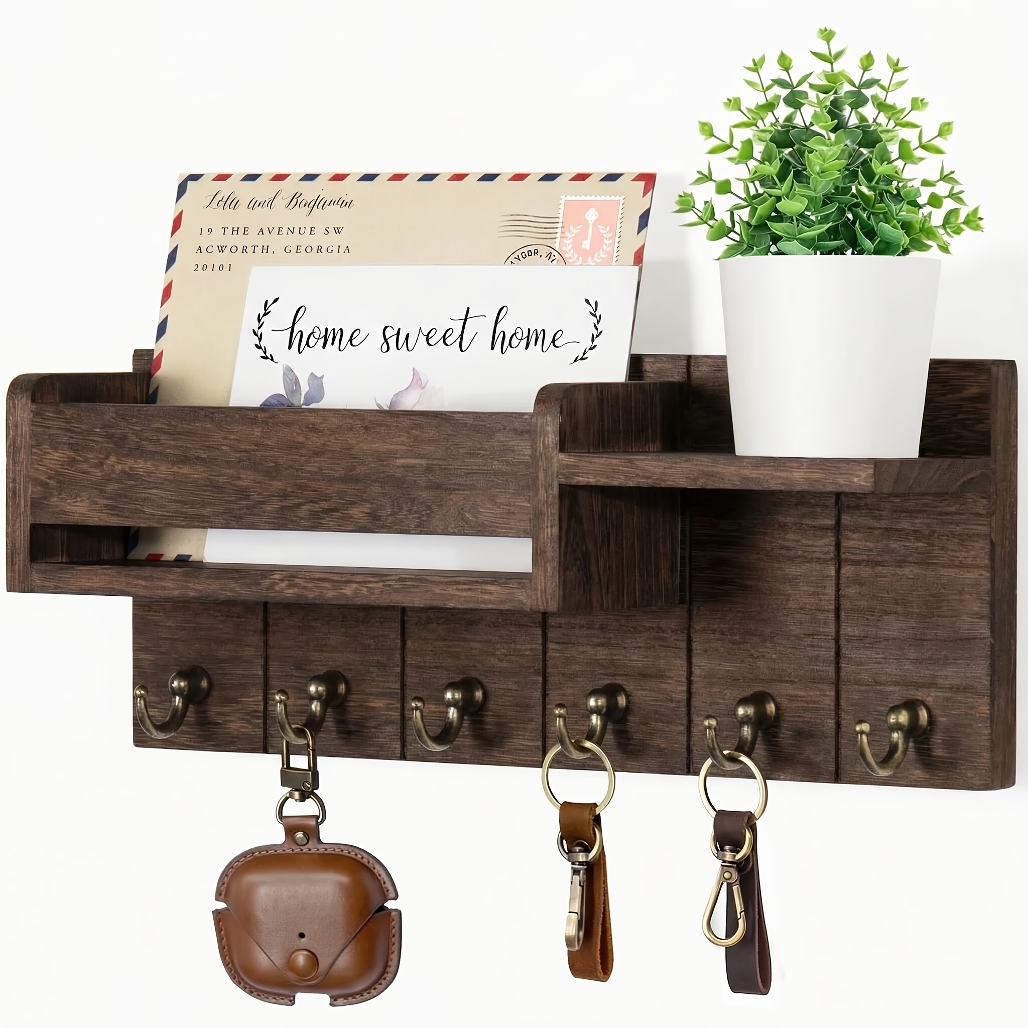 TEMU Wooden Wall-mounted Key Holder, Rustic Decorative Keychain, Mail Organizer With 6 Hooks - Wall-mounted File Organizer, An For Farmhouse-style