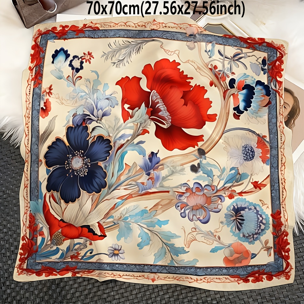 TEMU 1pc Women's Vintage European Floral & Bird Scarf - Lightweight Suitable For Hair Bandana & Neck Wrap, Machine Washable Retro Headwear, Travel