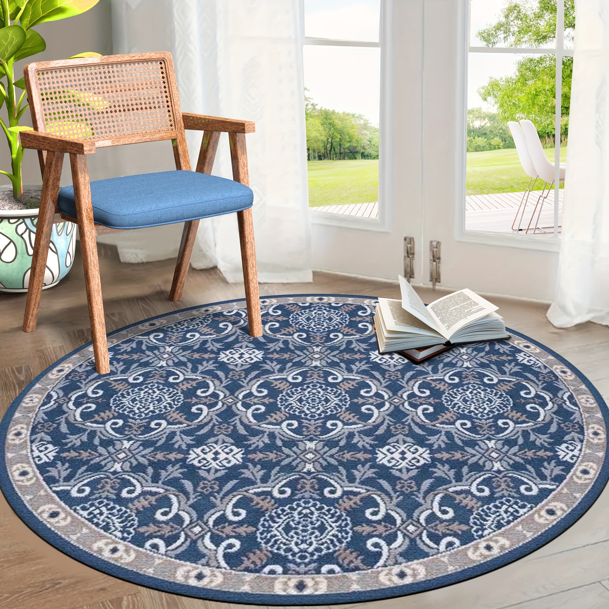 Runder Boheme-Teppich Mit Floralem Design - Maschinenwaschbar, Weich & Rutschfest Für Wohnzimmer, Schlafzimmer, Essbereich