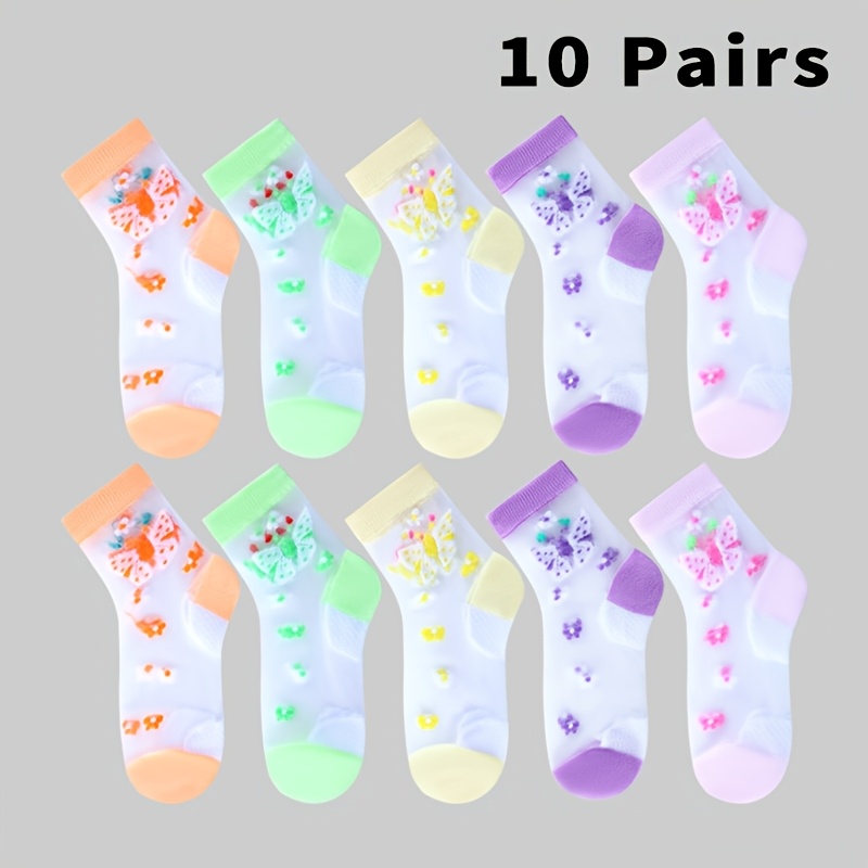 E-shop 10 Paar transparente Mädchensocken - ultradünne, atmungsaktive Sommersocken aus Glasfaser mit Schmetterlingsmuster, für den und warmes Wetter