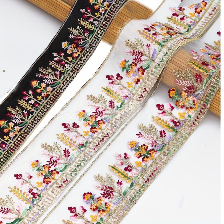 

1 Yard Vibrant Floral Embroidered Lace Trim, Mixed Color Fabric Ribbon For Diy Crafts And Decorative Edging