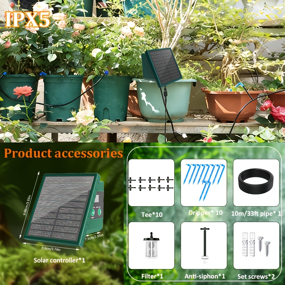 [aisitin] Solar Power Drip Irrigation System Kit, Ipx5 Automatic Garden Watering System For Garden, Balcony, Greenhouse