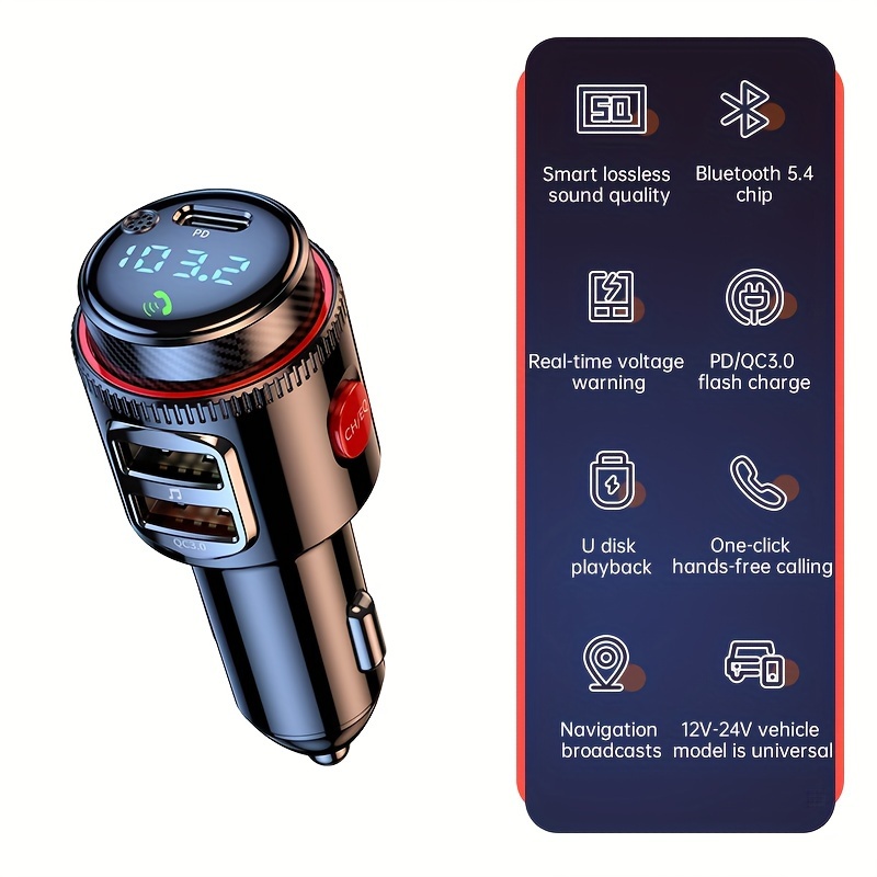 TEMU 48w Car Fm Transmitter 5.4 Adapter Featuring Type-c Pd30w & Qc3.0 Usb Charger - High-fidelity Mp3 Player, Calling, Led Lights, Perfect Father's Day Gift For Parents, Without Battery