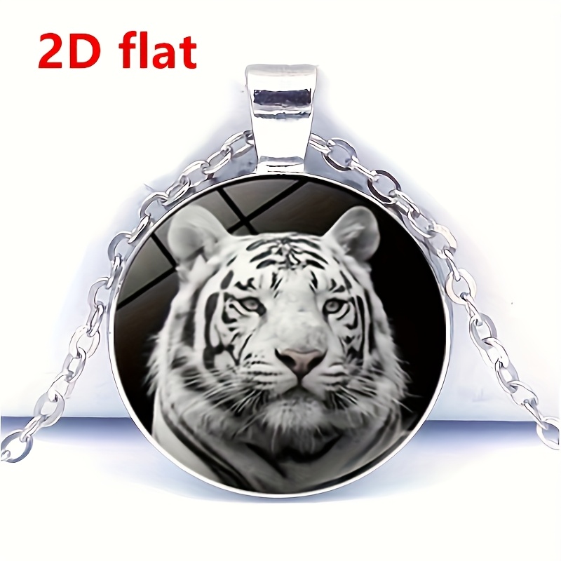 Unisex White Tiger Pattern Glass Pendant Necklace