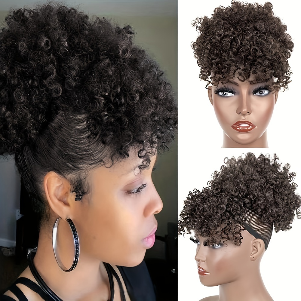 Afro Puff Drawstring Ponytail Extensions With Bangs Pineapple Updo Hair Pieces For Women Short Ponytail Bun With 2 Replaceable Bangs Hair Accessories Synthetic Hair