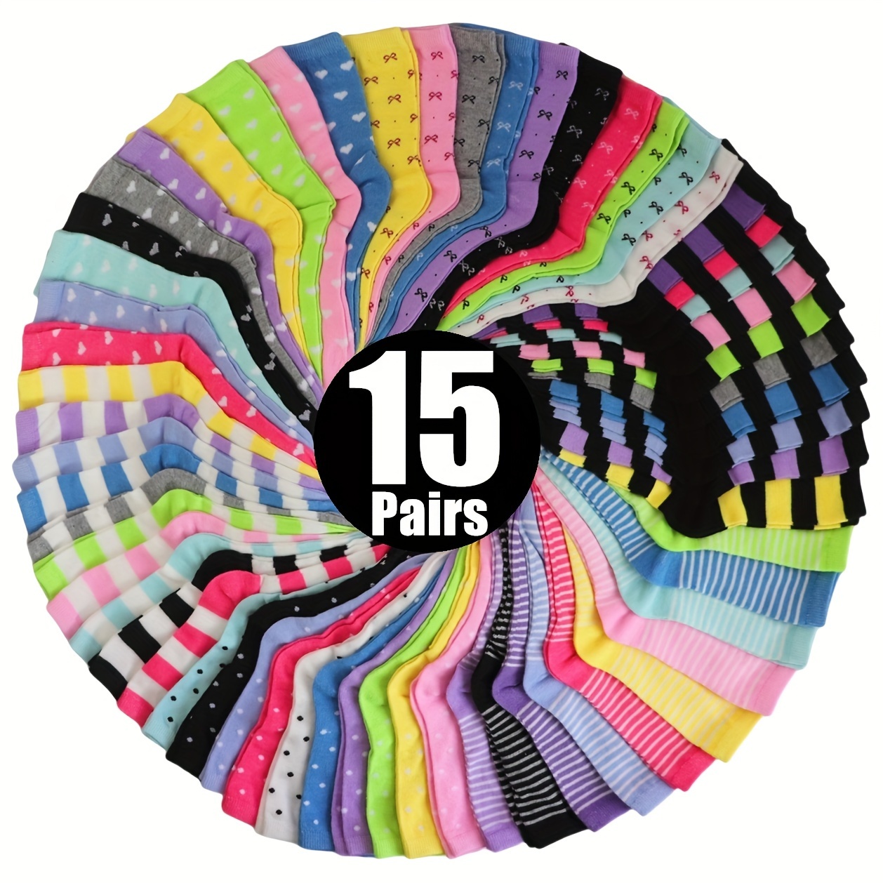 

15 Pairs Heart & Stripe & Bow Pattern Crew Socks, Comfy Breathable Candy-colored Mid Tube Socks For Fall & Winter, Women's Stockings & Hosiery