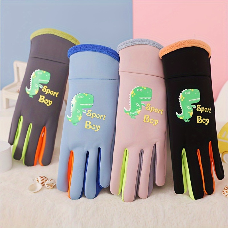 

1 Pair Kids Winter Gloves, Waterproof Windproof Thickened Warm Cartoon 5-finger Gloves, Skiing Gloves For , Boys & Girls, 3-7 Years, Hand Washable, Knitted Fabric, Polyester, Mixed Colors