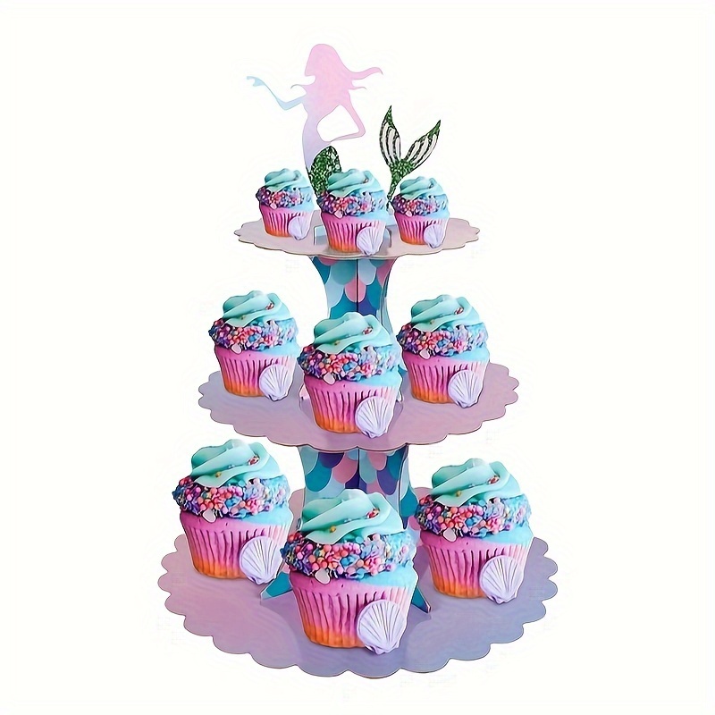 

Mermaid Theme 3-tier Cupcake Stand - Paper Dessert Holder For Birthday, Wedding, Baby Shower, Bridal Shower, Anniversary - Under The Sea Party Table Decor Without Electricity