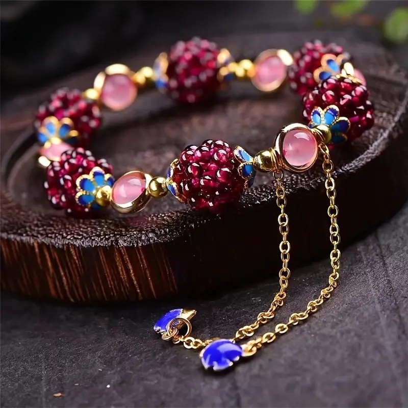 TEMU 1pc Natural Garnet Woven Bracelet With Hollowed-out Garnet Fish Charms - Natural Beads, No Plating, Everyday Gift, Wear, Fish Motif For Casual Or Special Occasions (single Loop), For Teenager