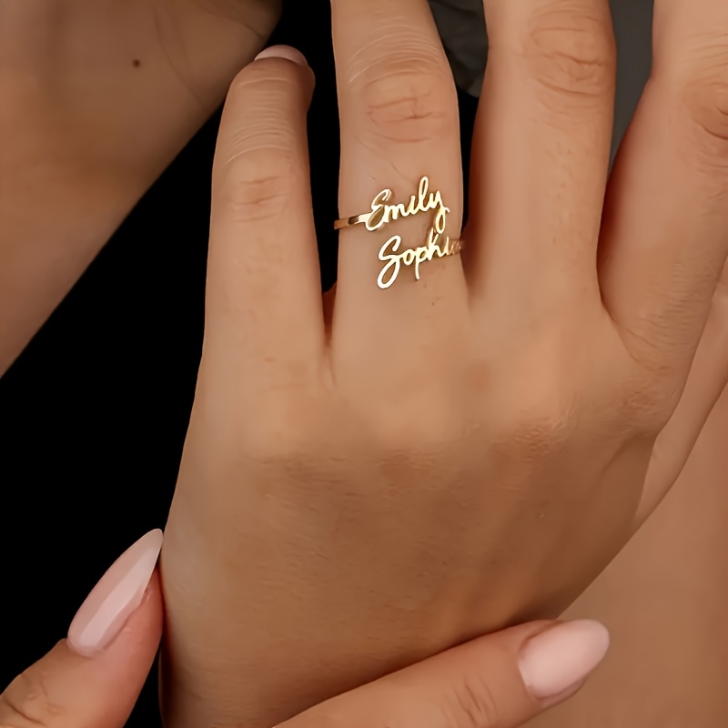 TEMU [customized] Personalized Stainless Steel Golden Creative Double Layer Name Opening Ring, Customize Top And Bottom 2 Name Rings, Customized