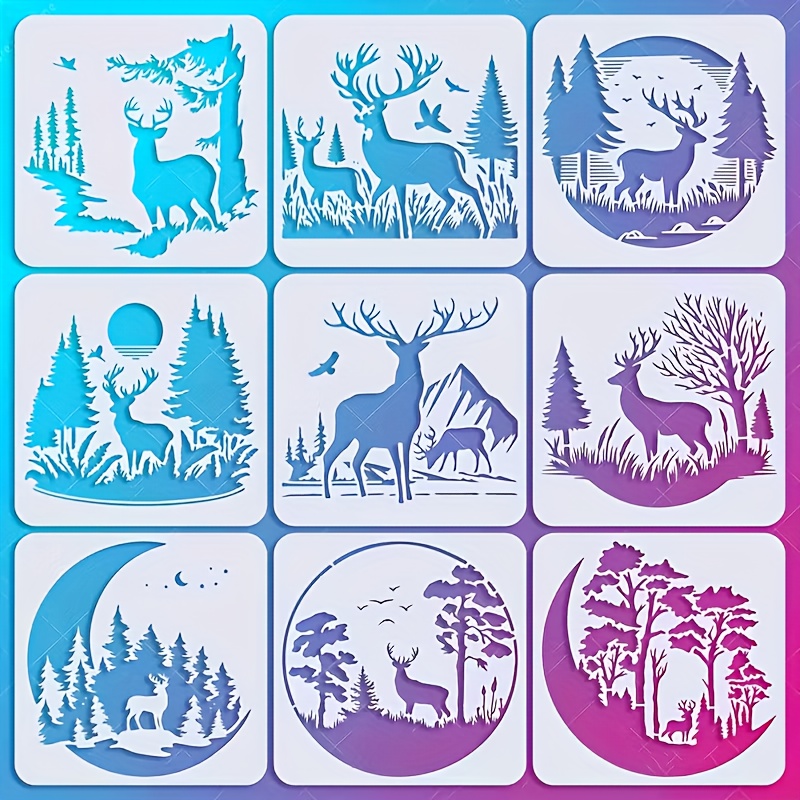 E-shop 9-teilige Waldhirsch-Silhouetten Schablonen, 5,91x5,91 Zoll Kunststoff-Malschablonen, für Heimdekoration, Graffiti, Wandbilder, DIY-Stoße