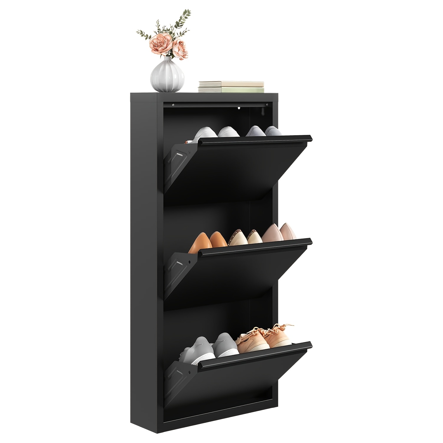 Image of Single Shoe Storage Unit Featuring 3 Flaps, Designed To Hold Up To 9 Pairs Of Shoes. Made Of Metal, Suitable For Hallway Or Living Room Use, Dimensions 50 X 106 X 15 Cm, In Black Color