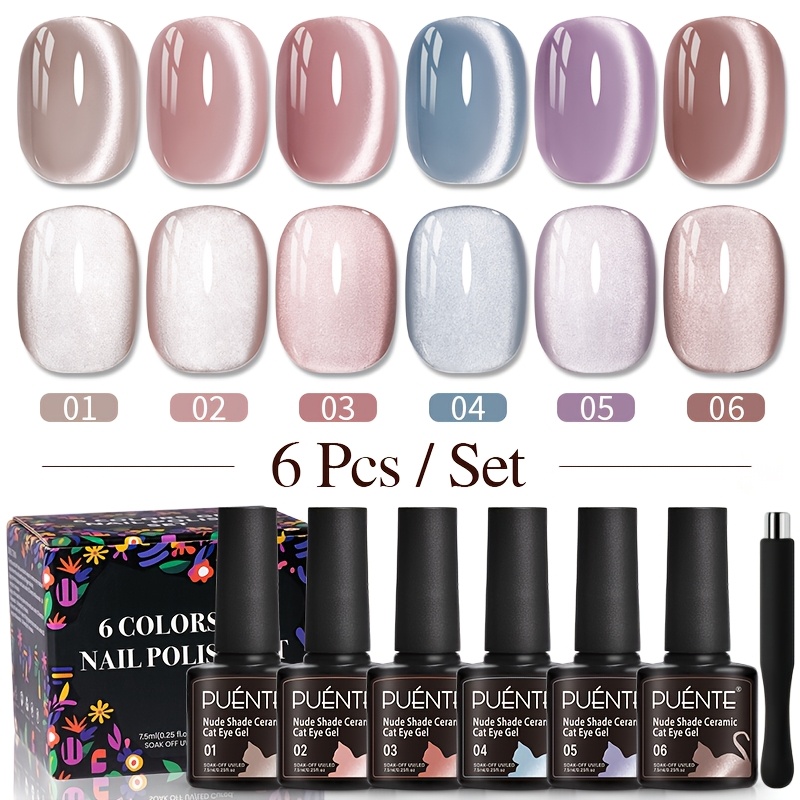 Image of Bridge 6pcs Nude Shade Ceramic Cat Eye Gel Nail Polish With Magnet Set, Alcohol-free, Smooth And Shiny End, Perfect For , /led Lamp Nail Varnish, Long-lasting Wear, High Quality For Salon And Home Use
