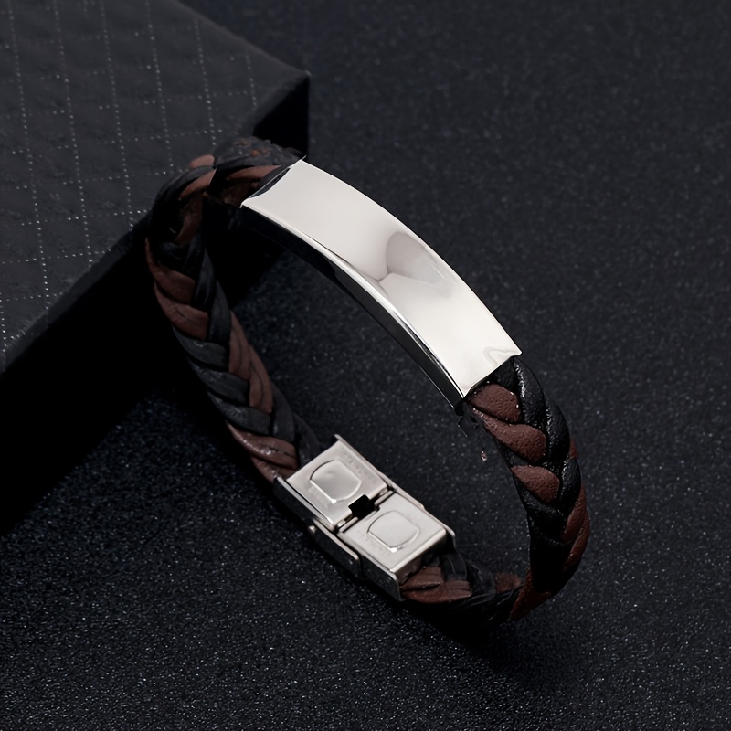 Personalized Braided Leather Bracelet with Engraved ID for Men Women