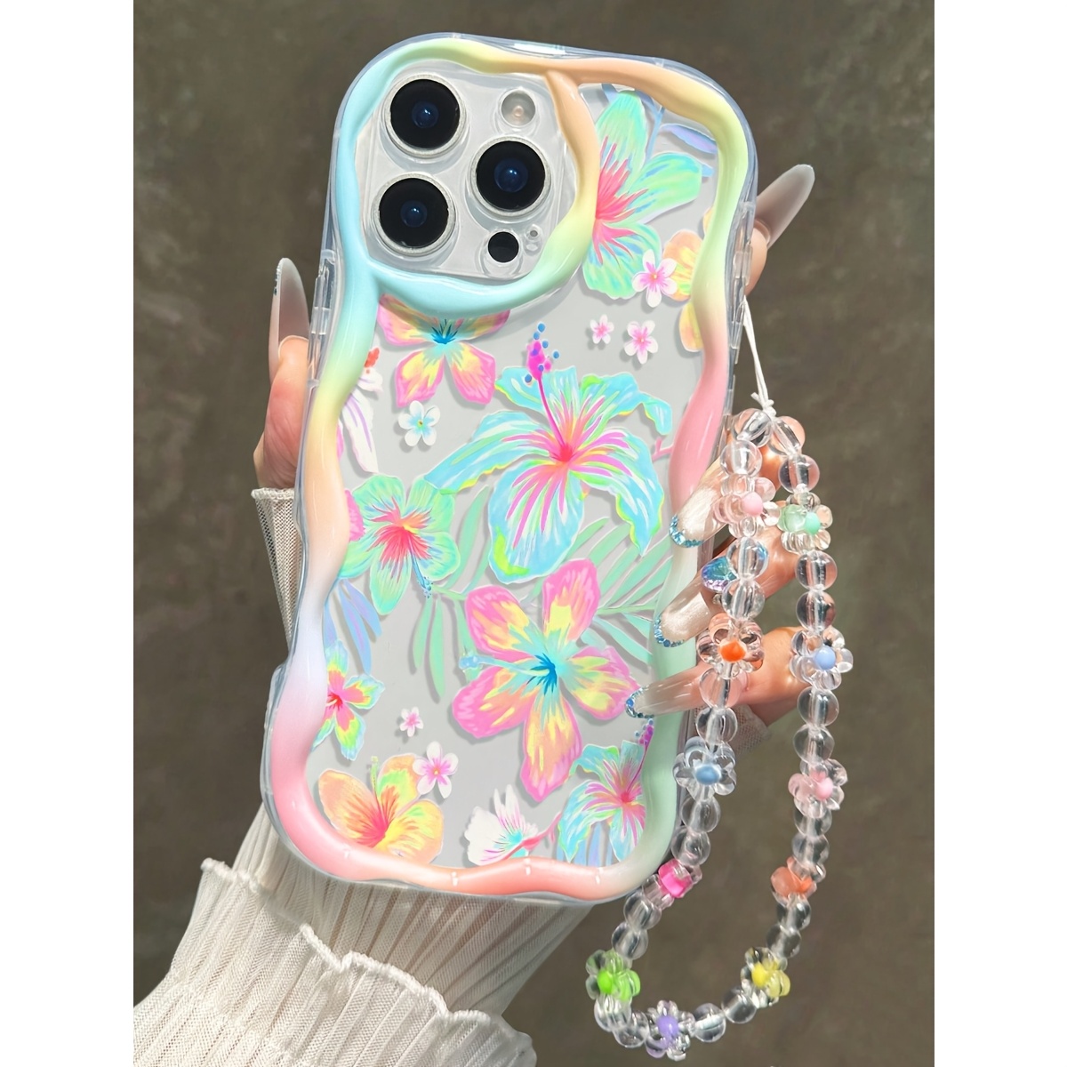 Image of Cute Colorful Cartoon Graffiti Flower Phone Case For Iphone 17 16 15 14 13 12 11 Pro Xs, Wavy Edge Bumper Frame, Thick Heavy-duty Shockproof Soft Tpu Protective Cover, Case, Lanyard Chain Not Included