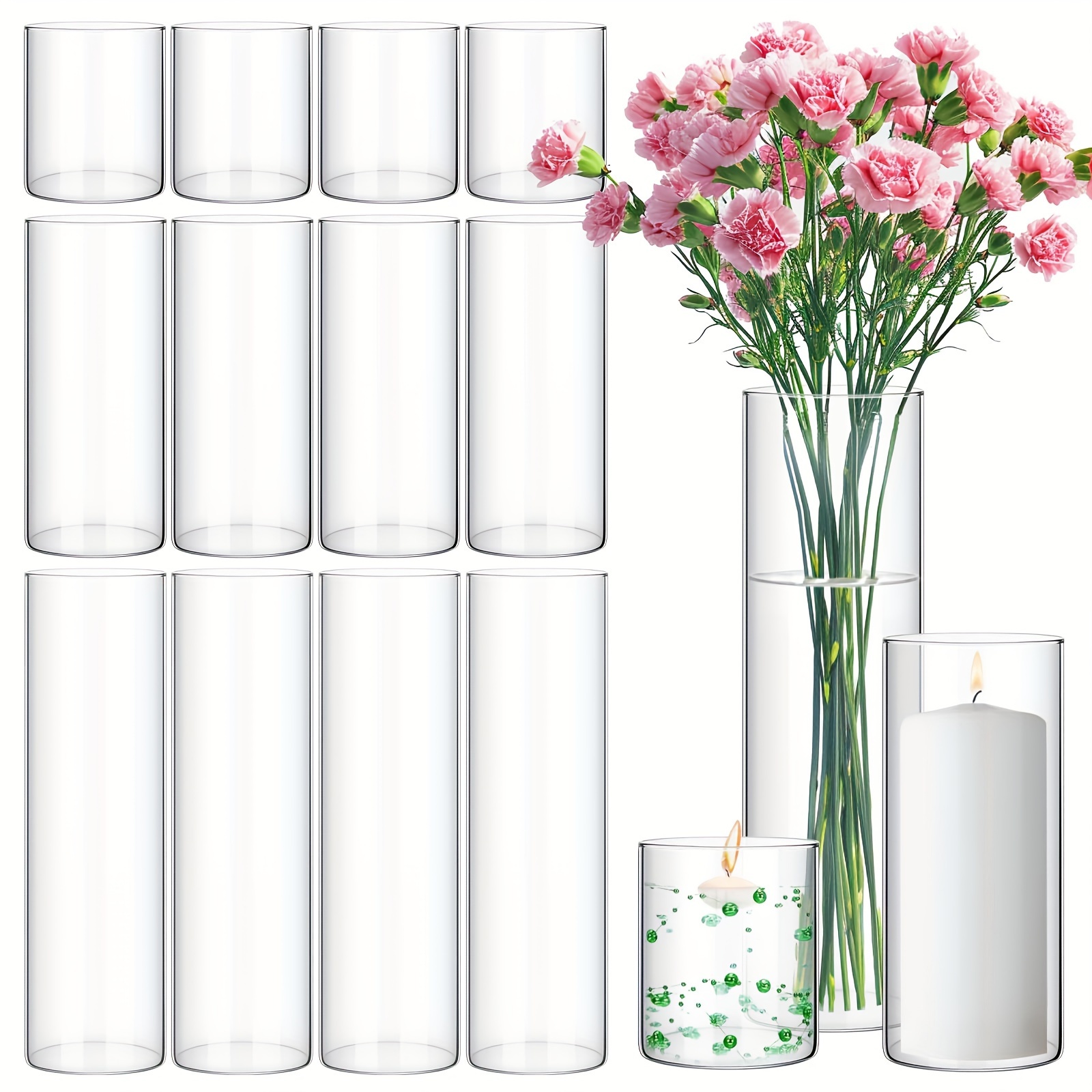 12 Pack Glass Cylinder Vases Different Sizes Tall Clear Flower Vase For  Centerpieces, Hurricane Candle Holder Wedding Decorations, Floral Vase For  Table Shelf Party *, image size:1600x1600