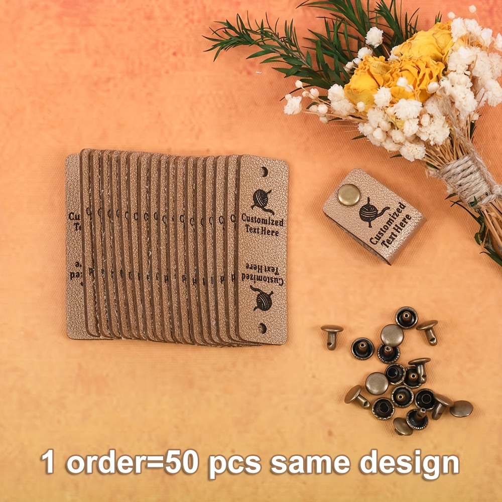 TEMU Back To School 50pcs Customizable Golden Color Faux Leather Tags With Brass Buttons - Personalize With Your Text, Ideal For Diy Crafts And Team