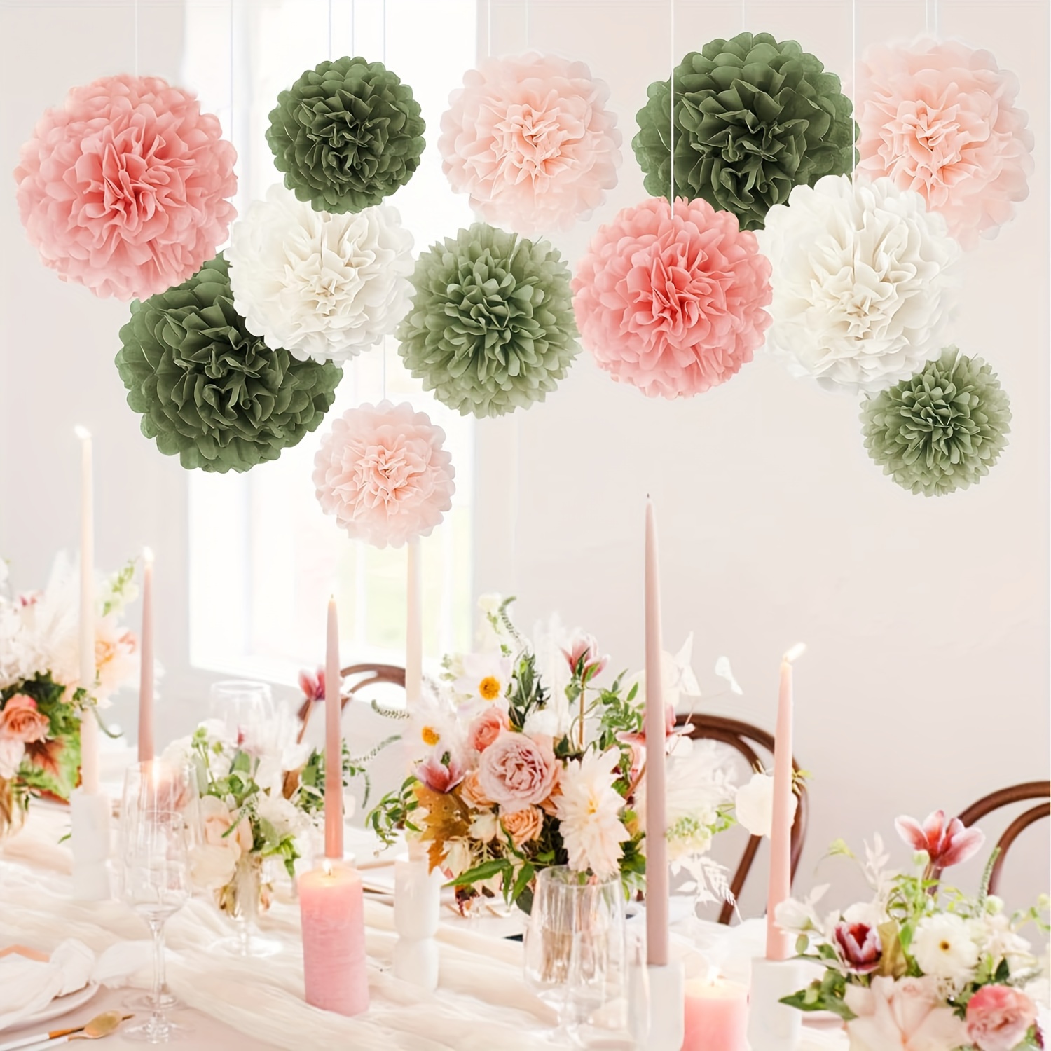 

Elegant Paper Pom Pom Decorations: Set Of 12 In White, Pink, And Green For Festive Occasions - Perfect For Birthdays, Weddings, And More