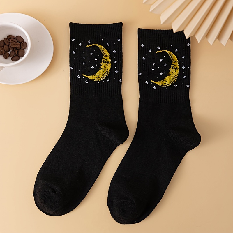 

1 Pair Women's Cozy Mid-calf Socks With Crescent Design - Soft Polyester, Black Knit For Autumn And Winter, Cute Socks