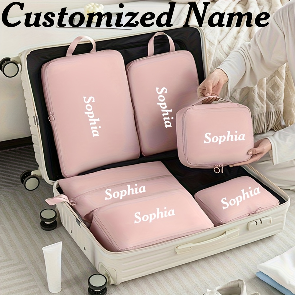 TEMU 6pcss Name Customization Travel Storage Bag Set Toiletry Bag Cosmetics Organizer Handbag Clothes Shoes Luggage Organizer, 6pcs Set, Large