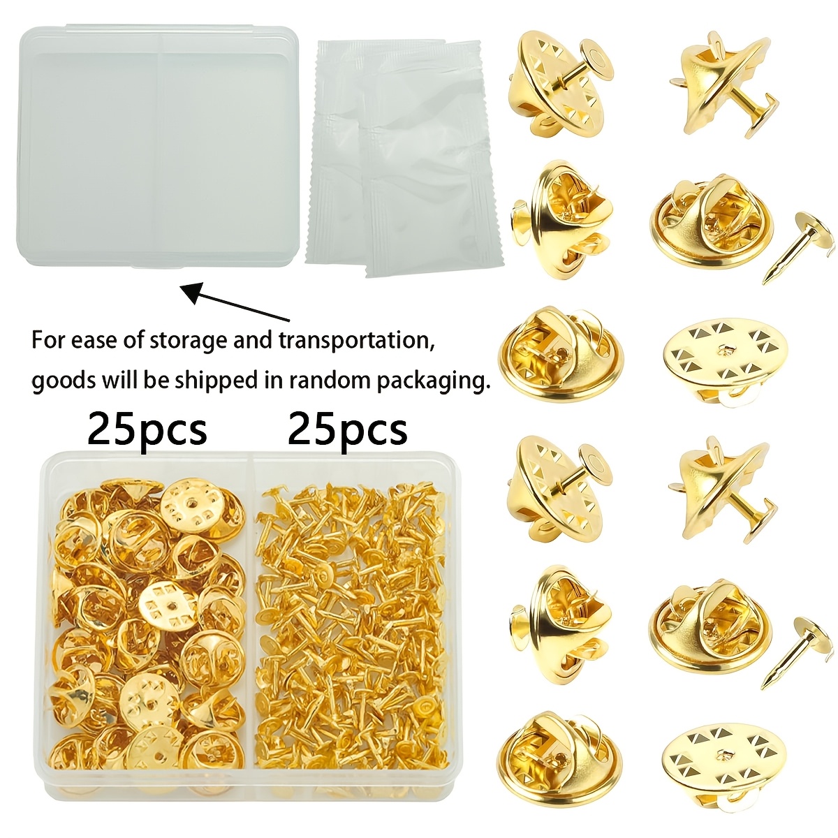 TEMU 50 piezas/ Cabezales de uña dorados, embalaje aleatorio, 25 botones de y 25 agujas de pony (5 mm), ideal para manualidades hechas a , broches,