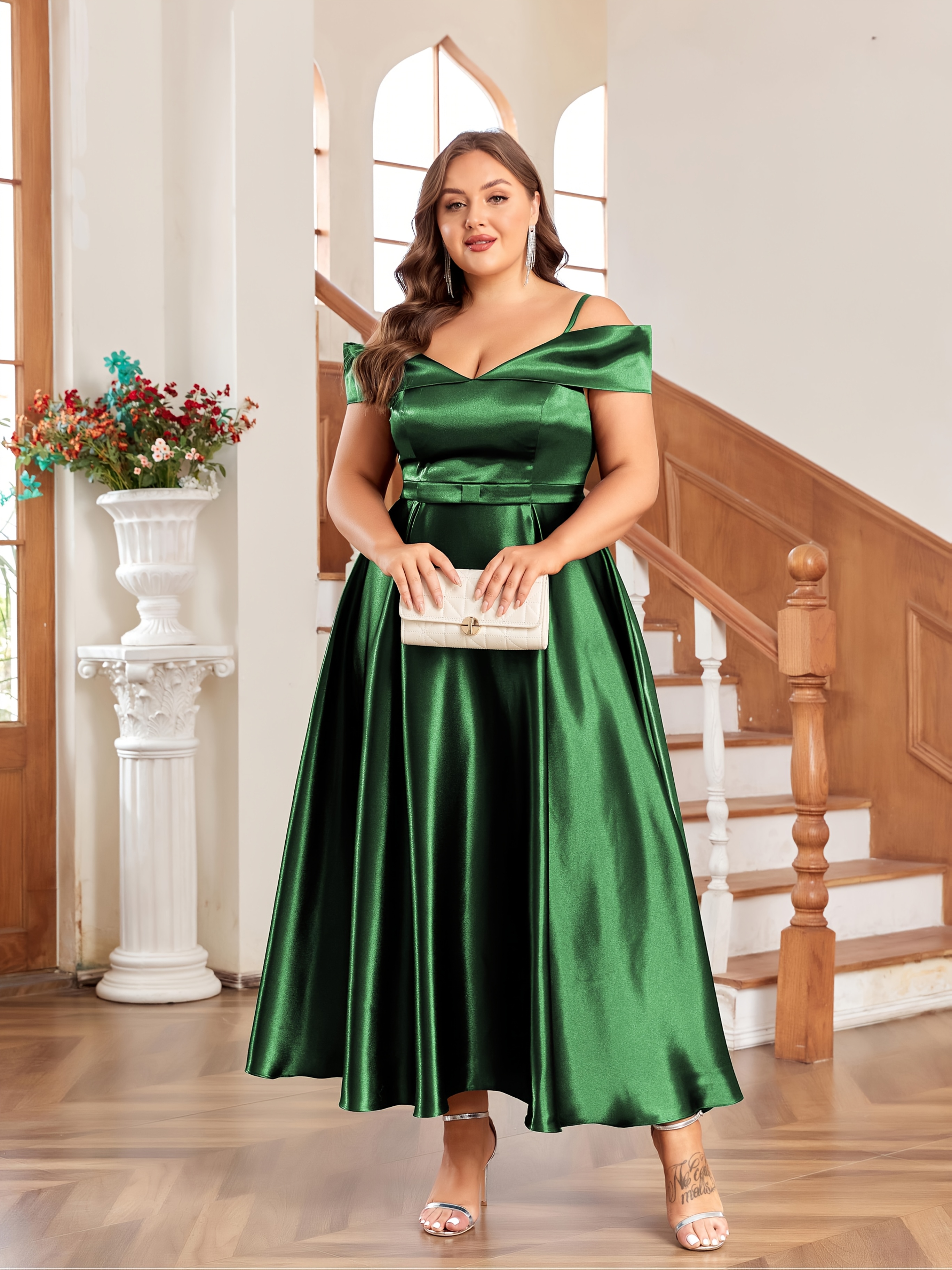 elegante emerald green satijn off shoulder midi jurk voor Temu