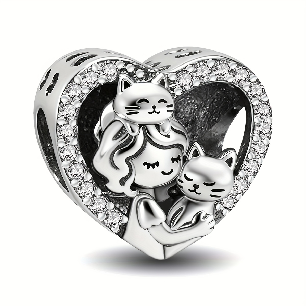 TEMU 1pc Cat Girls And Couples Heart-shaped Beaded Beads, 925 Silver Plated Beads Suitable For Bracelets And Necklaces, Autumn And Winter Jewelry