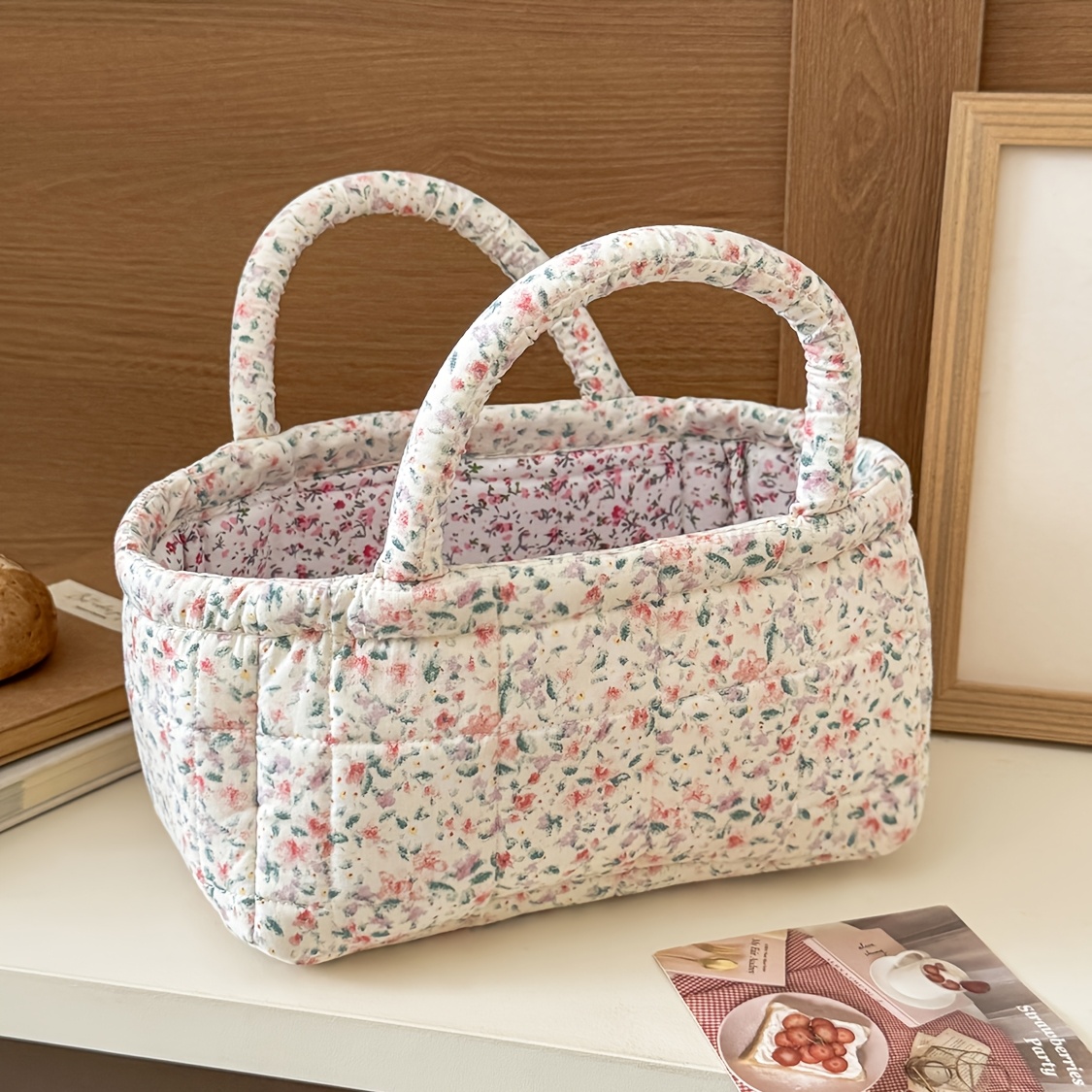 TEMU Vintage Fabric Storage Basket With Floral Print - Portable Handheld Suitable For Home,,, Laundry Basket,, Retro French For /outdoor Use, Multi-