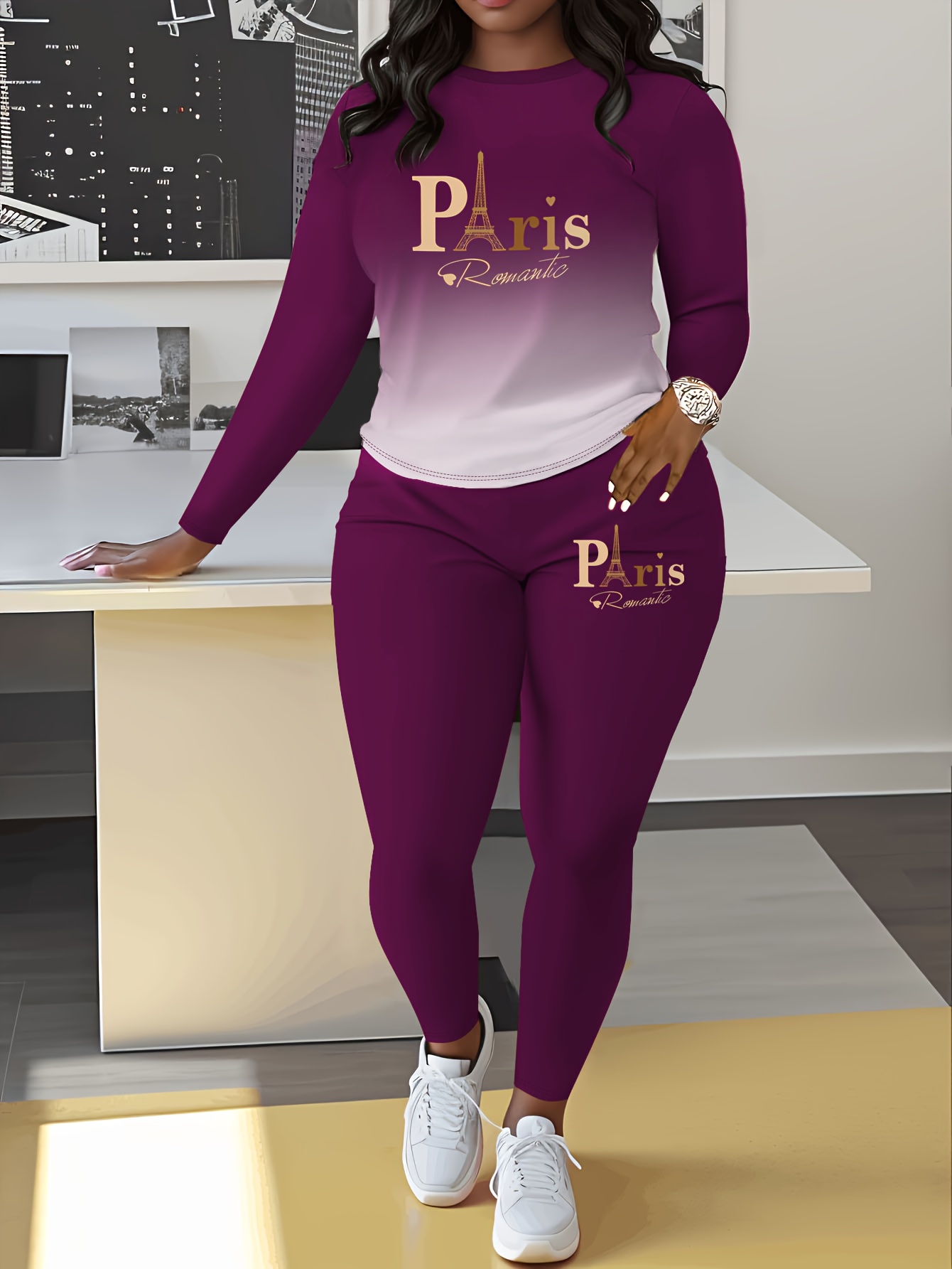 Gradient Paris Letter Print Casual Autumn And Winter Long Sleeve Round Neck Women'S Pants Two-Piece Set