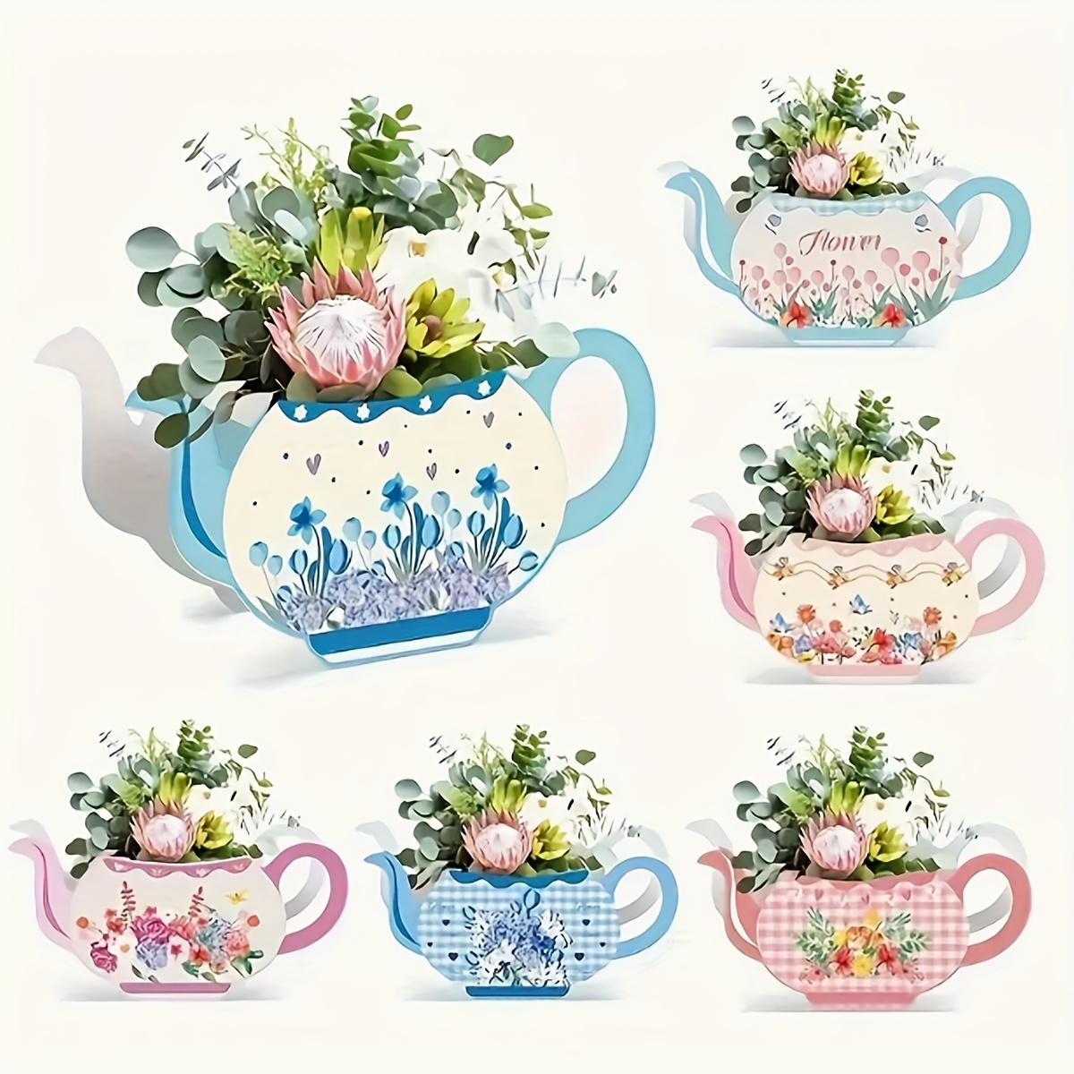 

12pcs Paper Teapot Vase Cutouts For Fresh Flower Arrangement, Tea Party Decorations, Aesthetic Garden And Home Décor Supplies, No Electricity Required