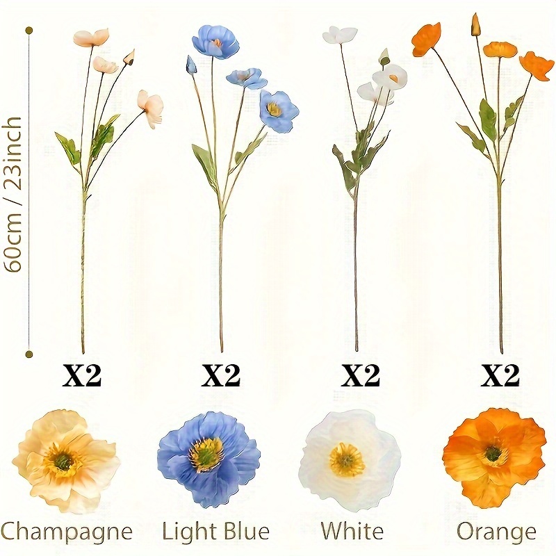 TEMU 8 Artificial Poppy Flowers With Stems - Suitable For Weddings, Families, Party Tables, Indoor And Outdoor Decorations - Suitable For