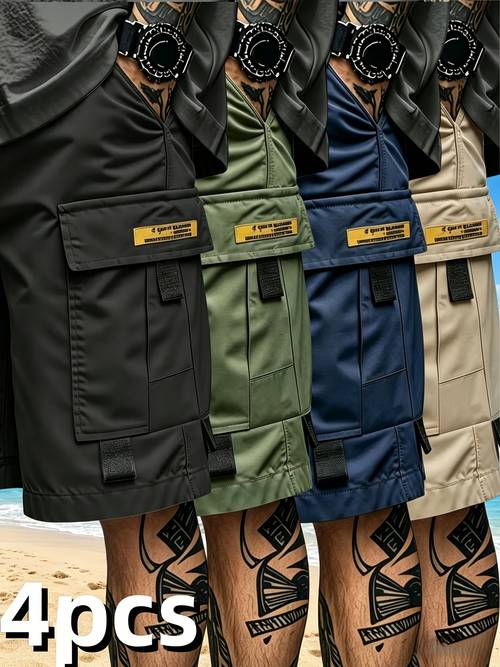 4pcs mens cargo shorts elastic waist drawstring quick dry workout shorts with multi pockets for gym fitness golf outdoor activities loose fit casual workwear breathable lightweight elastic drawstring waist multi