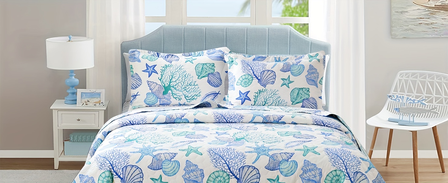 Coastal Beach Quilt Set Twin Queen King Size Ocean Theme details 0