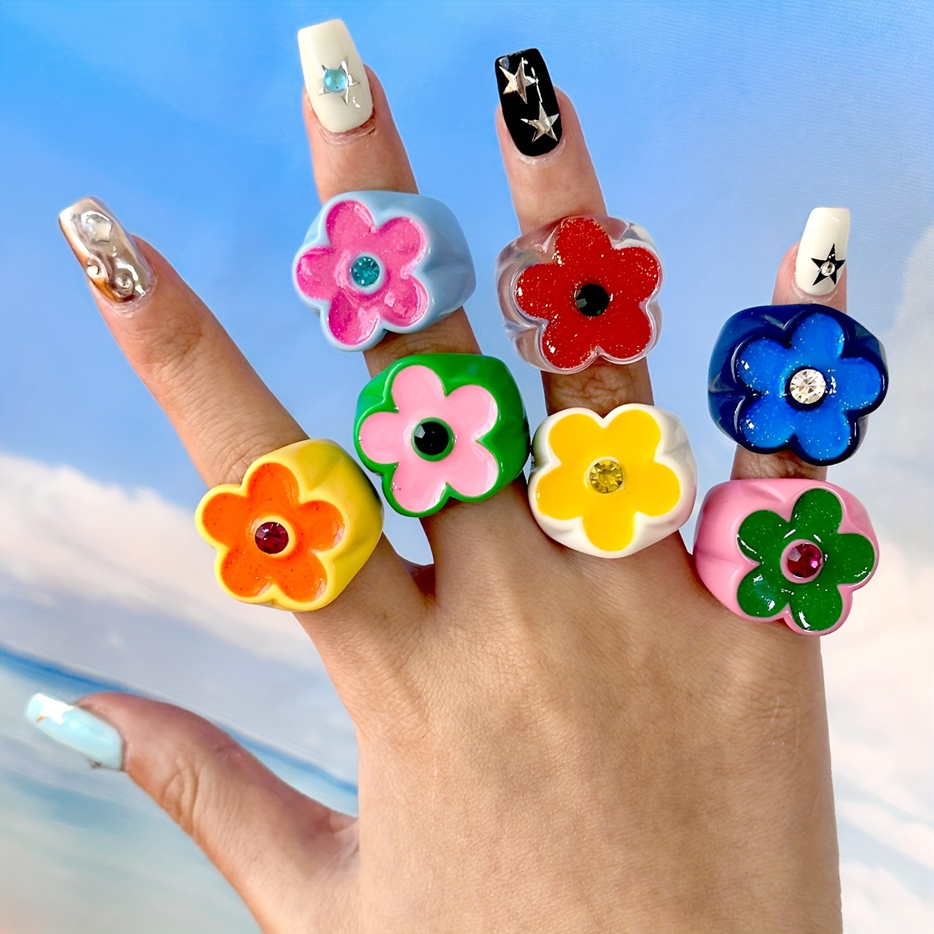 7pc Colorful Flower Resin Ring Set, Fashionable Gift