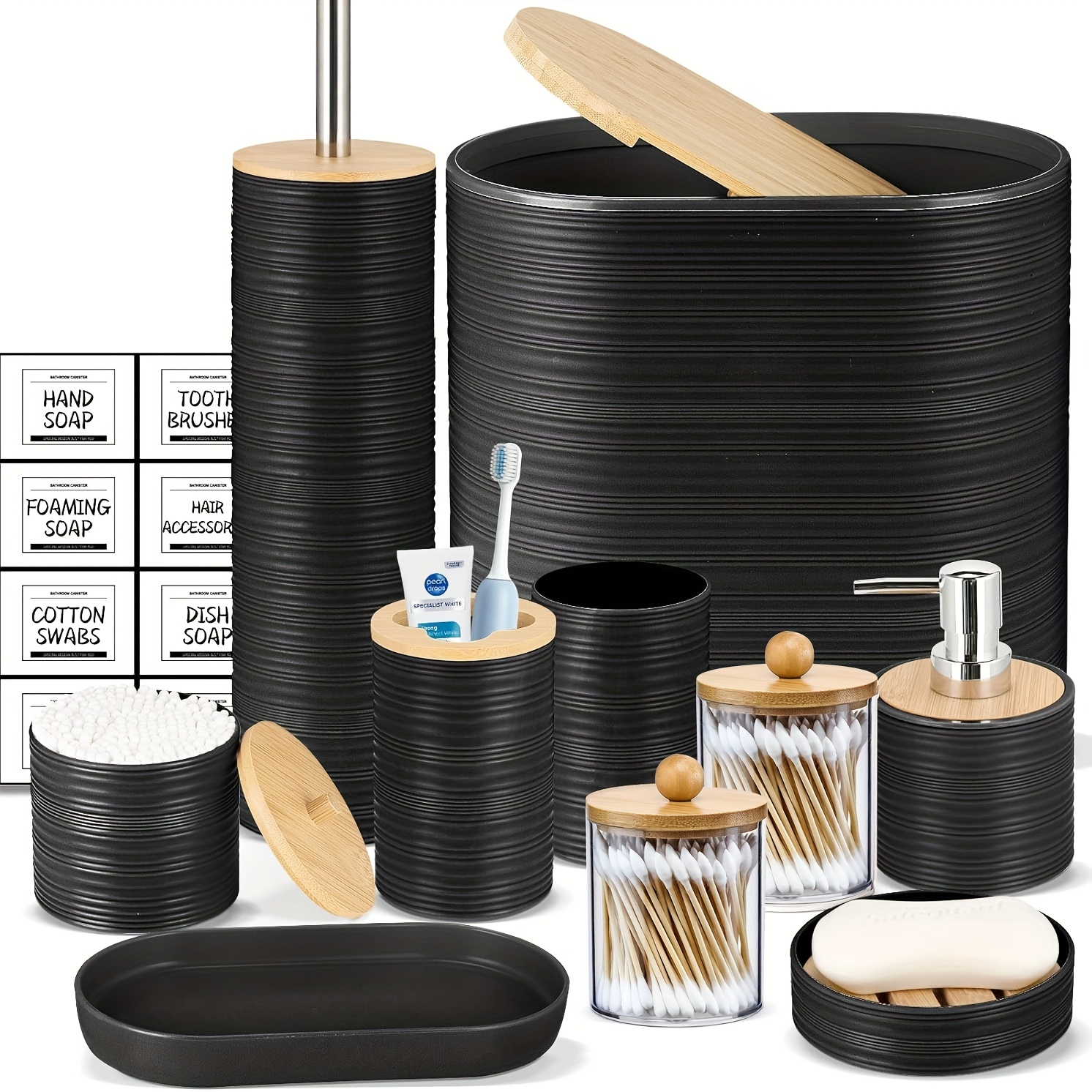 

8pcs High-quality Bamboo Bathroom Accessory Set With Soap Dispenser, Toothbrush Holder, Cup, Dish & Swab Jar - Stylish Black & For Decor - Ideal Housewarming Gift, Bathroom Decor And Accessories