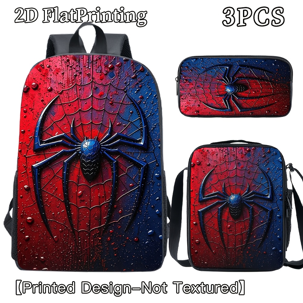 TEMU 3pcs Unisex Large-capacity Backpack Set, Featuring A Red And Blue Spider Logo Print With 2d Printed Pattern, Adjustable Shoulder Straps, And