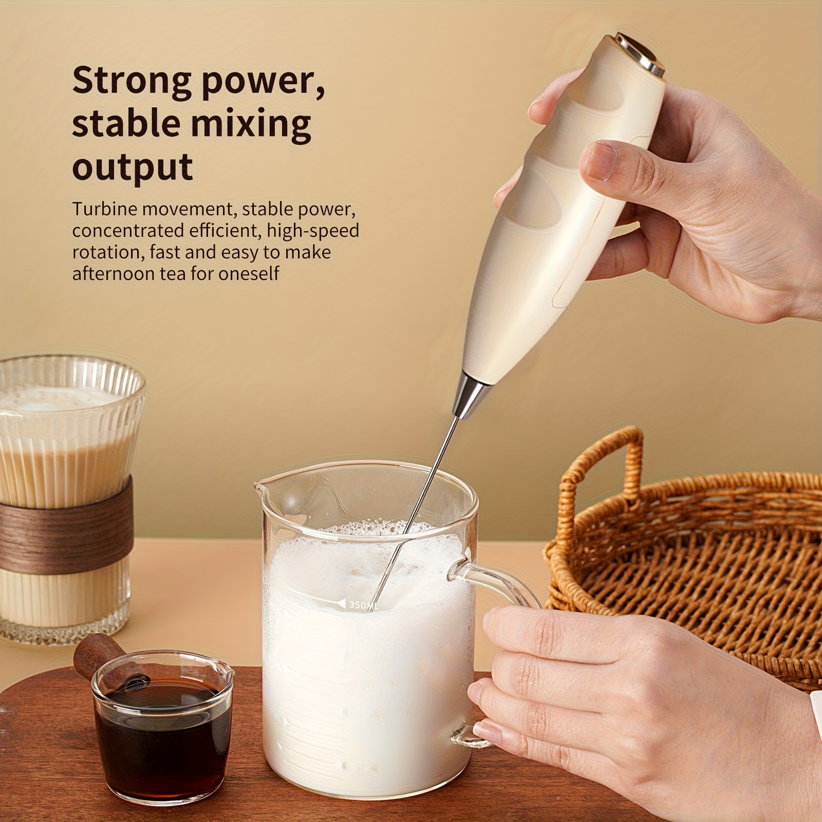 2025 New Stylish Multifunctional Handheld Electric Mixer - Battery-Powered (Battery Not Included) 1W Dual-Head Frother & Beater for Cappuccino, Matcha, Eggs, Latte - Ergonomic Kitchen Gadget with 3 Colors (Black/Beige/White), Small Mixer for Coffee, Dairy Whipping, Sleek Design, Metallic Accents