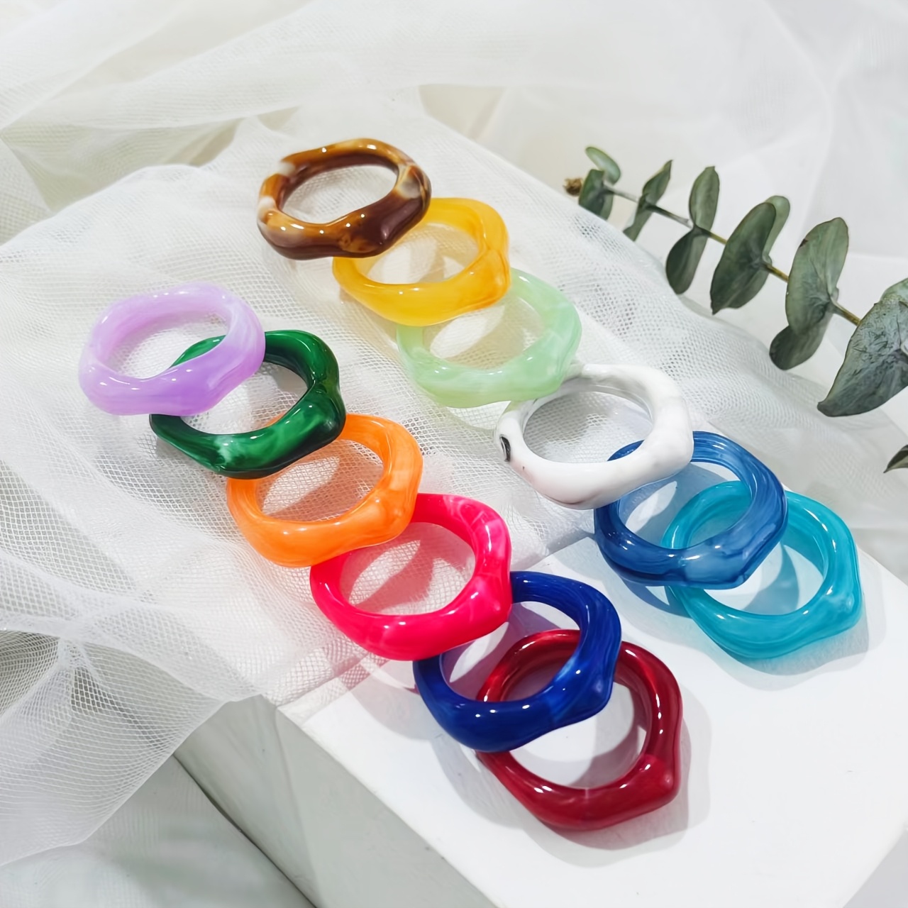 5pcs Colorful Smudged Marble Texture Resin Stackable Rings