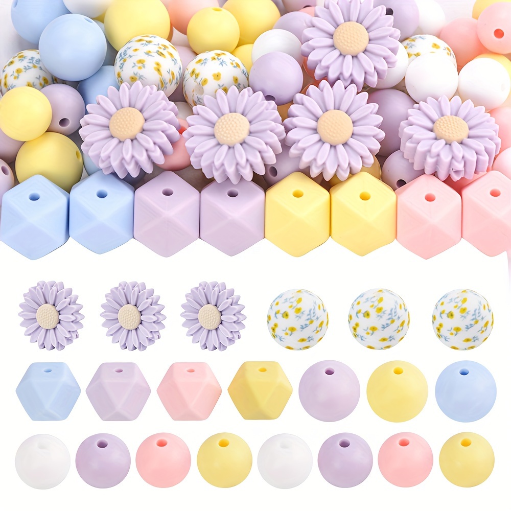 

73pcs Silicone Beads Bracelet Making Accessories, 12/14/15mm Round Printed Hexagon Silicone Rubber Beads In Bulk, Daisy Sunflower Craft Beads Diy Keychain Bracelet Jewelry Making